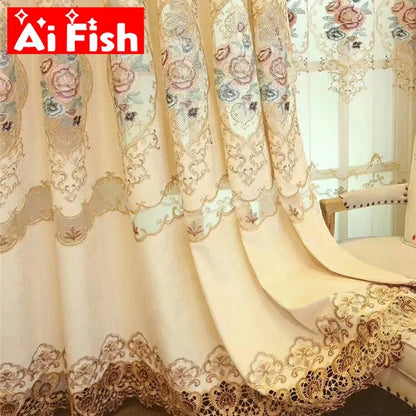 Luxurious Beige Peony Embroidery Curtains for Living Room Semi-Blackout Curtains for Bedroom Villa Hotel Decoration M258#40