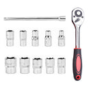 12pcs Socket Ratchet Handle Wrench Set 1/4 3/8 1/2 Spanner Kit With Extension Rod and 10 Common Sockets Car Repair Hand Tools