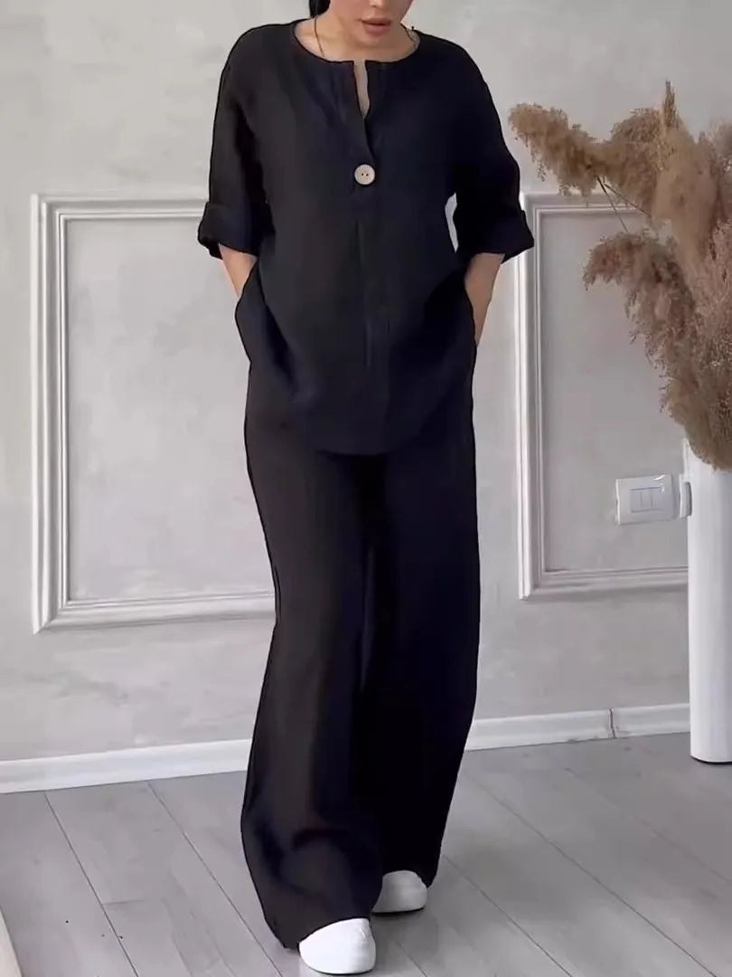 Cotton Linen Sets Two 2 Pieces Sale Casual Long Sleeve Button Loose Blouse Shirt & High Elastic Wide Leg Loose Pant Suits NMD-3021