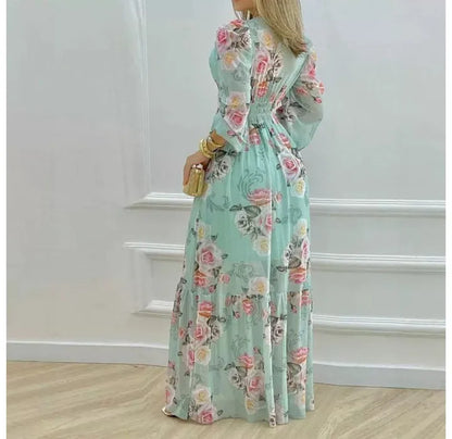 Maxi Dress for Women V-Neck Sleeveless Floral Printed Lantern Sleeve Large Swing Skirt High Waist Loose Dresses 2024 Summer New