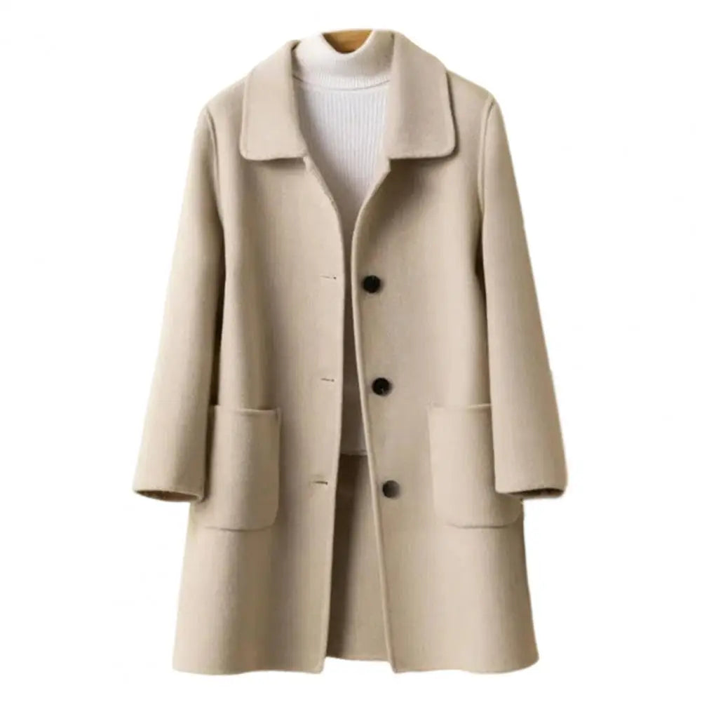 Abrigo de invierno de longitud media para mujer, color liso, cuello vuelto, botonadura sencilla, abrigo formal grueso para uso diario en la calle.