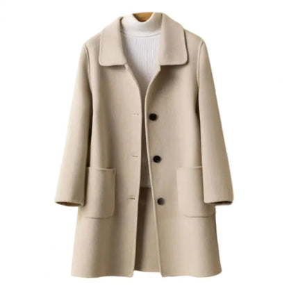 Abrigo de invierno de longitud media para mujer, color liso, cuello vuelto, botonadura sencilla, abrigo formal grueso para uso diario en la calle.