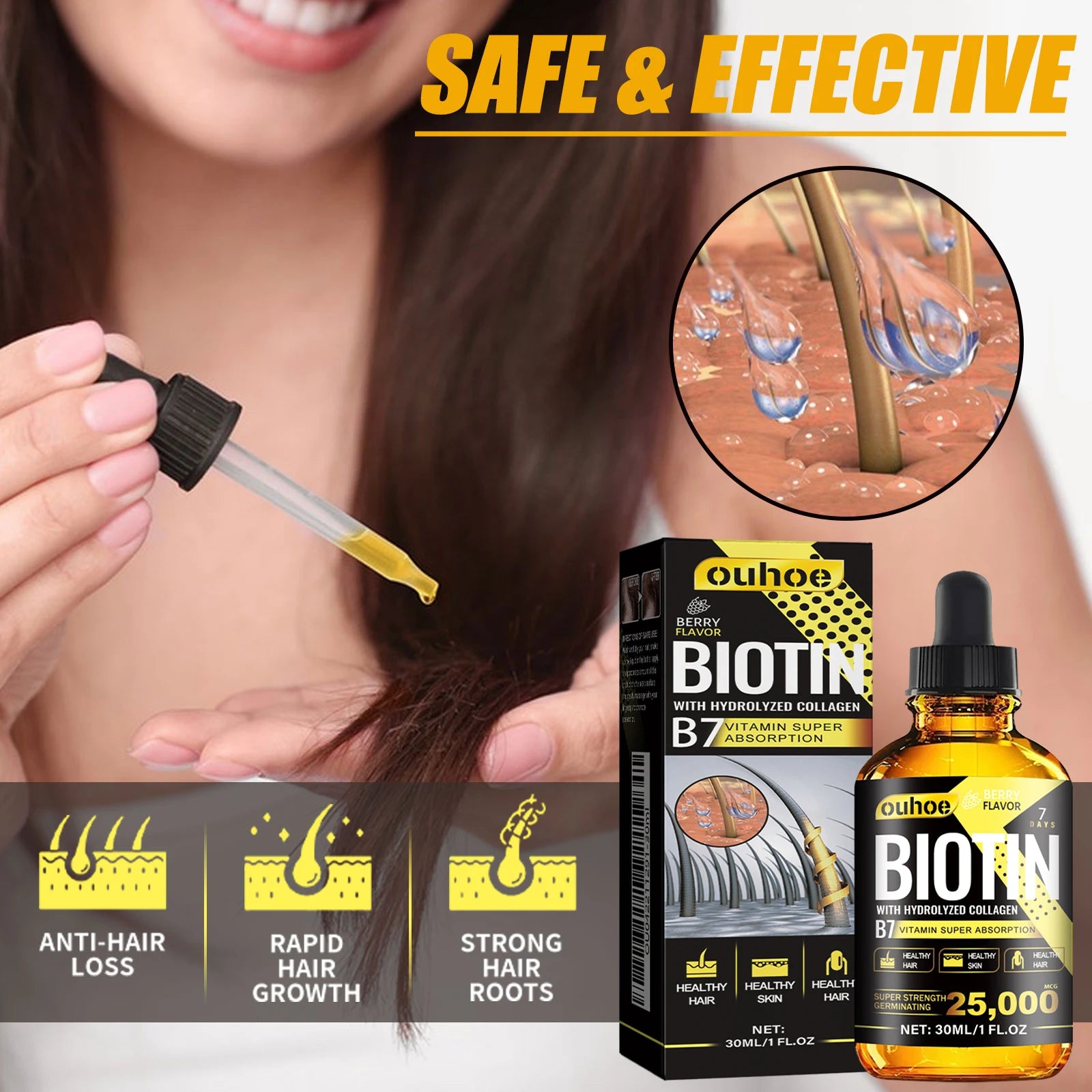 Óleo Capilar com Biotina e Colágeno – Sérum Fortalecedor para o Couro Cabeludo com Extratos Naturais de Alecrim e Ginseng – Para Mais Volume e Espessura – Indicado para Todos os Tipos de Cabelo