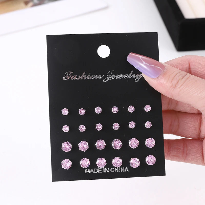 Shiny White Wedding Stud Earrings Set for Men and Women, Crystal Jewelry Accessories, Oorbellen, 12 Pairs per Lot