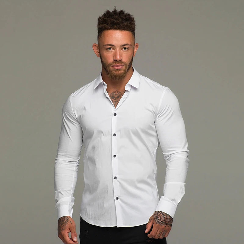 Men's Fitness Micro-bomb Long Sleeve Tee Tops Slim Fit Thin Breathable Muscle T-Shirt Turn Down Collar Business Non-Iron Shirts