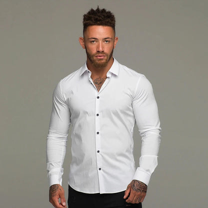 Mens Fitness Micro-bomb Long Sleeve Tee Tops Slim Fit Thin Breathable Muscle T-Shirt Turn Down Collar Business No Ironing Shirts