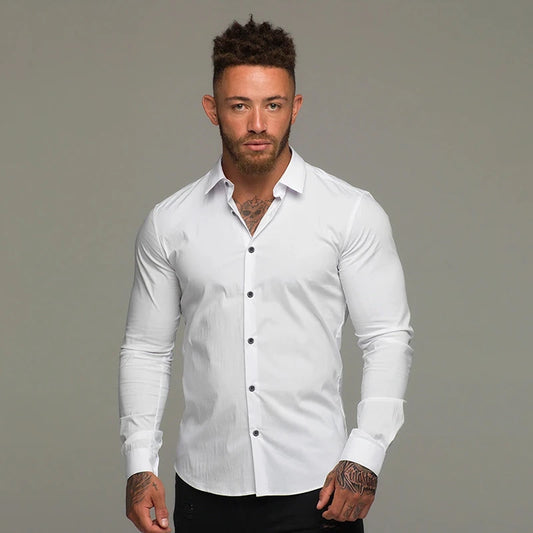 Men's Fitness Micro-bomb Long Sleeve Tee Tops Slim Fit Thin Breathable Muscle T-Shirt Turn Down Collar Business Non-Iron Shirts