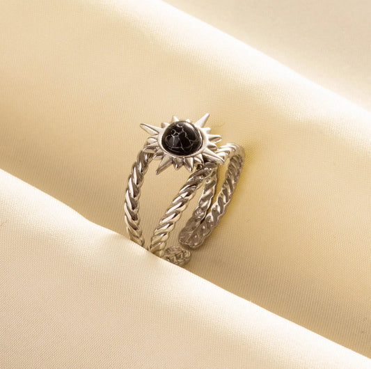 1pc Boho Turquoise Ring Stainless Steel Black Stone Silver Color Adjustable Ring Women Ethnic Ring Bohemian Jewelry Gift No Fade