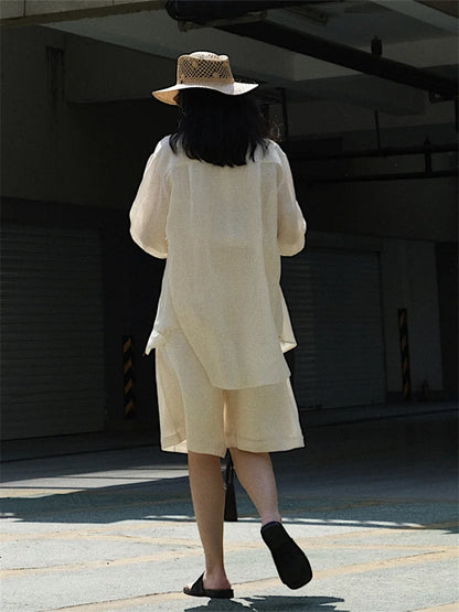 HanOrange 2024 Summer Lazy Linen Casual Knee Length Pants Women Loose Thin Anti-transparent A-line Profile Five Cents Trousers