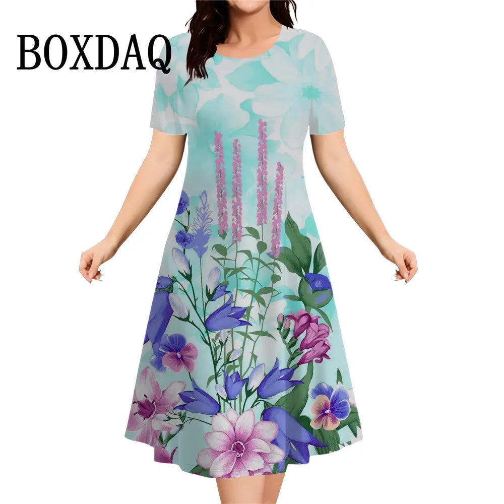 Women's Summer Floral Print Short Sleeve Dress 2026 New Fashion Plus Size Loose Casual Retro Women's Mini Dress 9XL Clothing