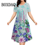 Women's Summer Floral Print Short Sleeve Dress 2026 New Fashion Plus Size Loose Casual Retro Women's Mini Dress 9XL Clothing
