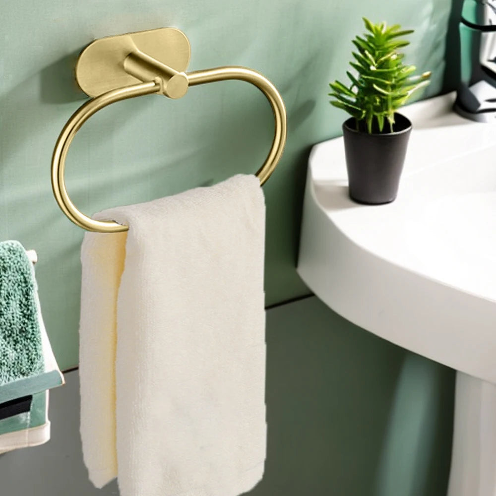 Stainless Steel Towel Holder Self-adhesive Bathroom Towel Rack Black Washhand Hanger Ring Rail Bar Kitchen Storage Accessories