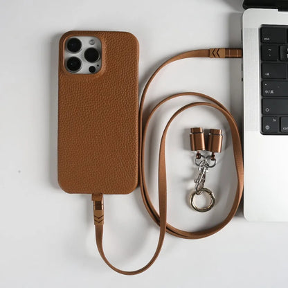 Funda de piel auténtica personalizable con cordón de carga para iPhone 16 Pro Max, 15, 14, 13, 12 y 11, con funda magnética.