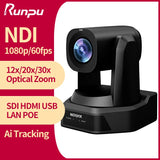 Runpu 1080P/60fps NDI Conference PTZ Video Camera 12/20/30x Zoom Ai Auto Tracking PTZ SDI Camera HDMI USB Outputs Support POE