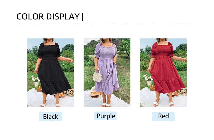 Plus Size Women's Pure Color Wrap Ruffle Hem Midi Dress Square Neck Backless Short Sleeve Dress Elegant temperament