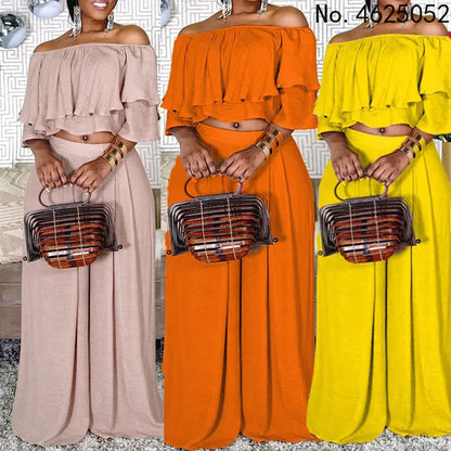 Conjunto elegante de dos piezas con top corto con volantes y hombros descubiertos y pantalones de pierna ancha para playa, conjunto sexy de verano