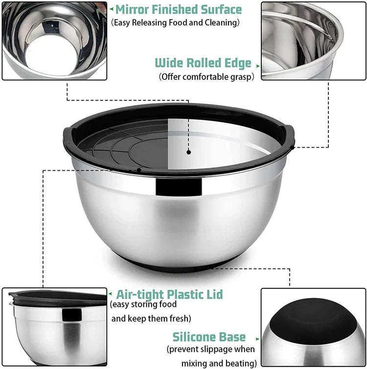 Mixing Bowls with Lids and Non-Slip Bases, Stainless Steel Mixing Bowls Set for Baking, Nesting Storage Bowls, JT227, 6 Pcs