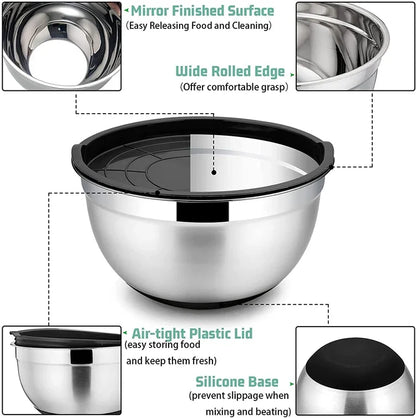 Mixing Bowls with Lids and Non-Slip Bases, Stainless Steel Mixing Bowls Set for Baking, Nesting Storage Bowls, JT227, 6 Pcs