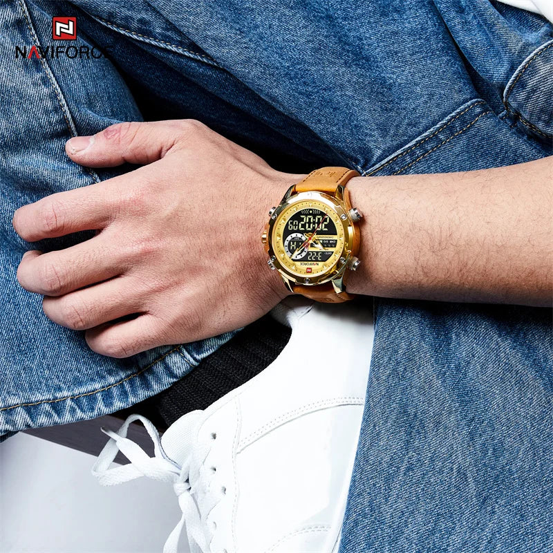 NAVIFORCE Luxury Original Watches For Men Casual Sport Chronograph Alarm Quartz WristWatch Leather Waterproof Digital Clock 9163