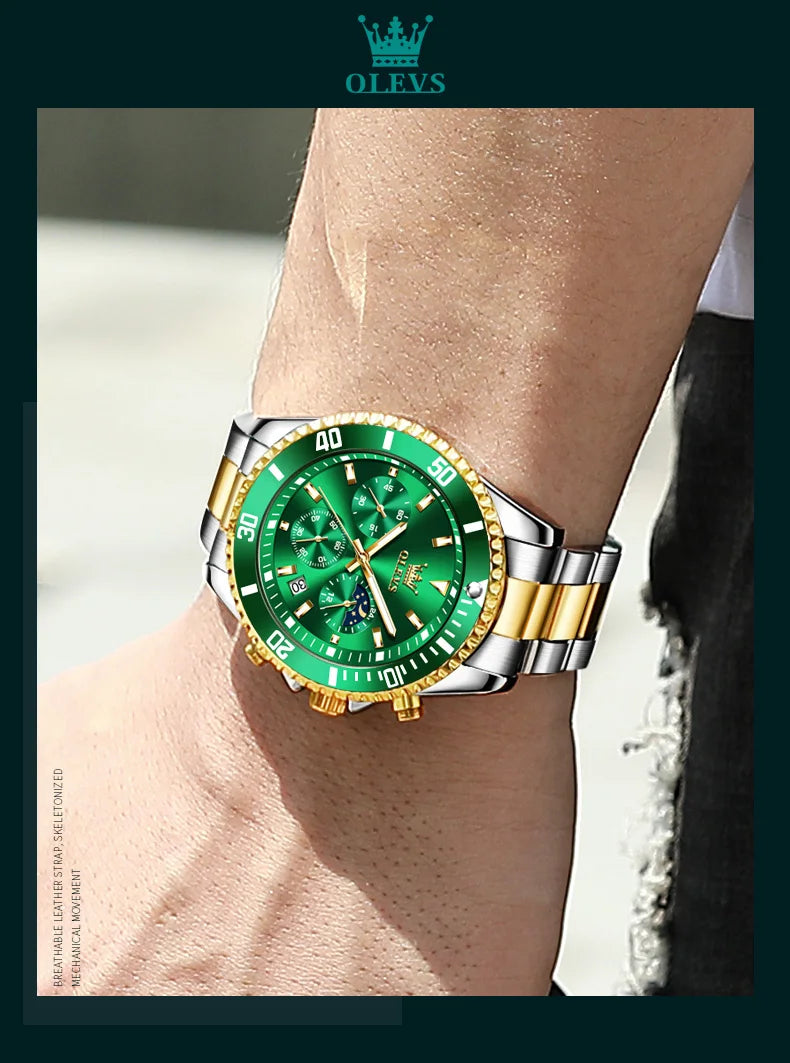 OLEVS 2870 Men's Watch Top Brand Luxury Watch for Men Original Waterproof Stainless Steel Chronograph Moon Phase Date Rota Dial