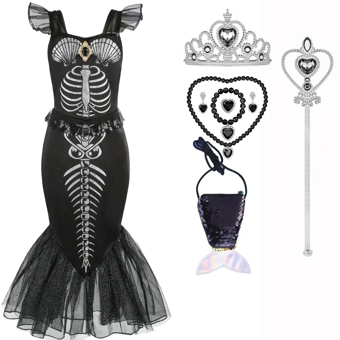Halloween New Horror Skeleton Little Mermaid Costume Ariel Princess Black Skeleton Fishtail Dress Holiday Special Dress