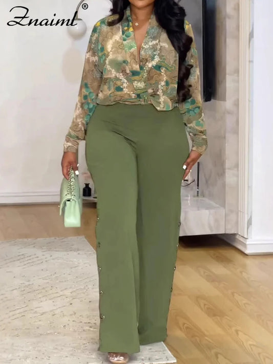 Conjunto de dos piezas de Znaiml para mujer, elegante conjunto de pantalón y camisa de manga larga con estampado y pantalón ancho, ropa de calle de otoño, conjunto de 2 piezas, trajes OL de 2 piezas, nuevo
