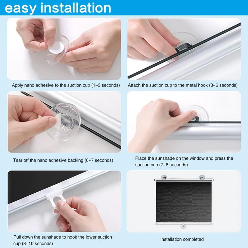 Cordless Retractable Roller Shades Black Home Office Windows Sunshade Thermal blinds without drilling blackout curtain