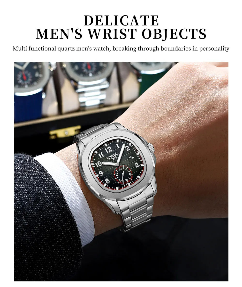 NIBOSI Luxury Men‘s Watches Business Waterproof Male Clock Luminous Silicone Band Date Square Quartz Man Watches Reloj Hombre