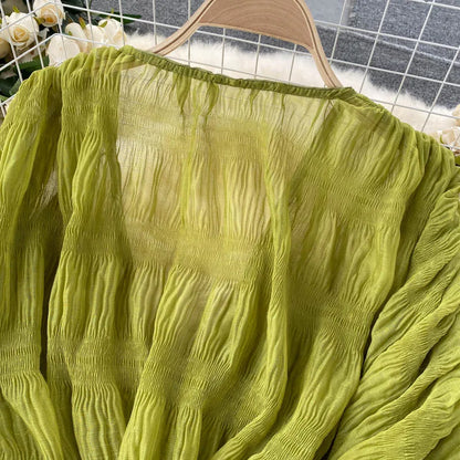 Blusa corta de gasa sexy para mujer, transparente, de manga larga, con pliegues, color morado, verde, negro y blanco, para fiesta, novedad de 2021.