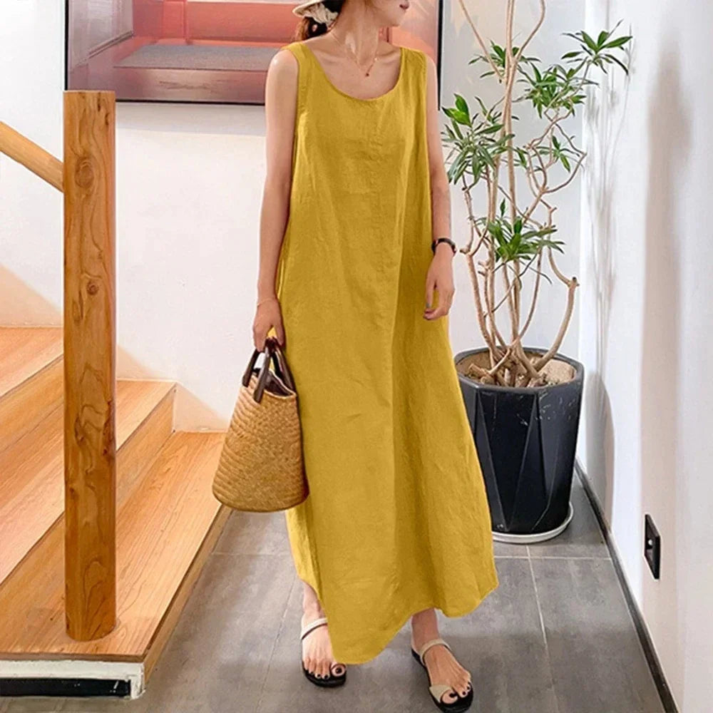 Vestido longo de linho de algodão feminino, saia solta, roupa feminina, moda casual, elegante, verão, tamanhos grandes, 2025