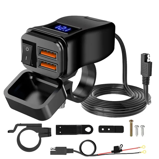 Pd duplo qc3.0 carregamento rápido carregador usb da motocicleta com voltímetro termômetro display digital tomada do carregador do telefone móvel