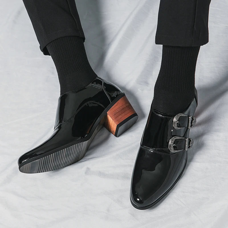 Luxury Designer Monk Leather Men's Shoes, High Heels, Polished, Double Buckle, Pointed Toe, Casual Shoes for Men, Party Wedding Shoes for Men