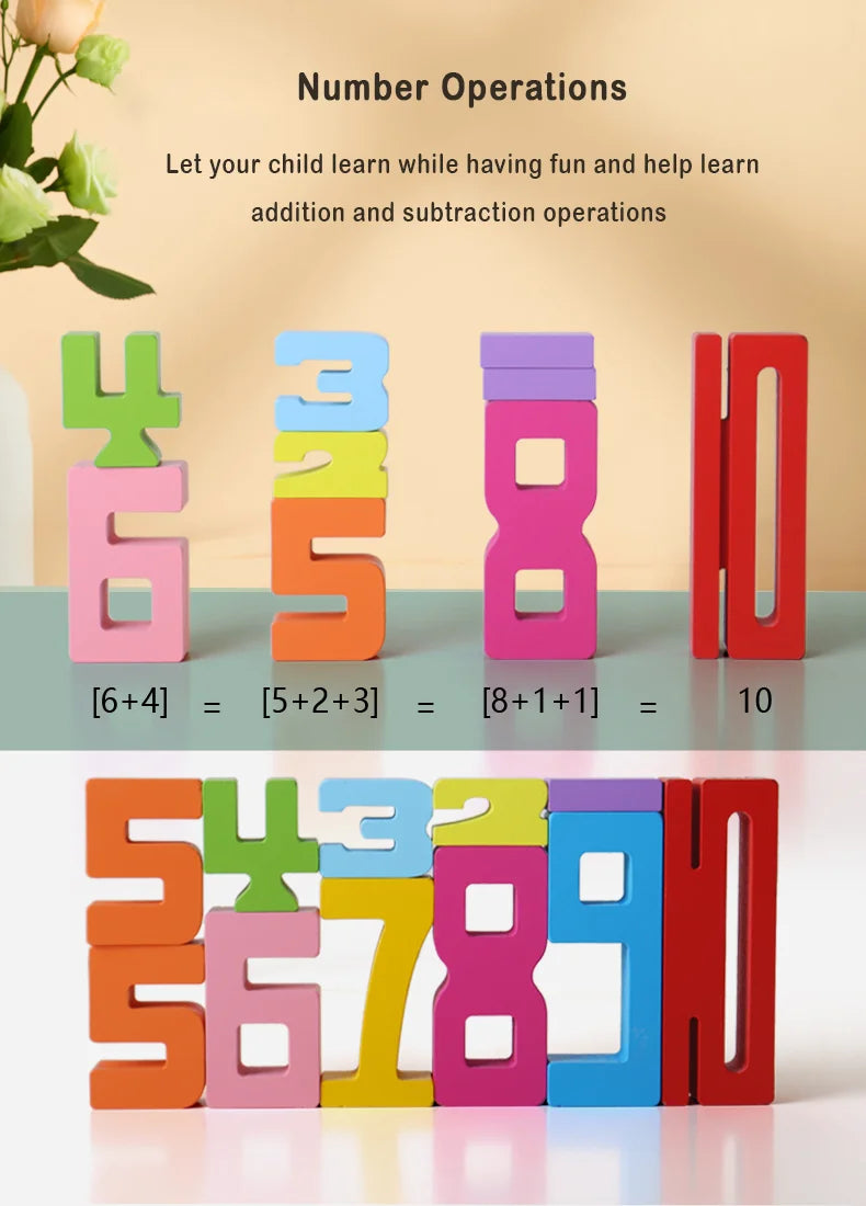 Wooden educational digital blocks, creative puzzles, stacking toys, fun brain teasers, early education topics, Montessori style