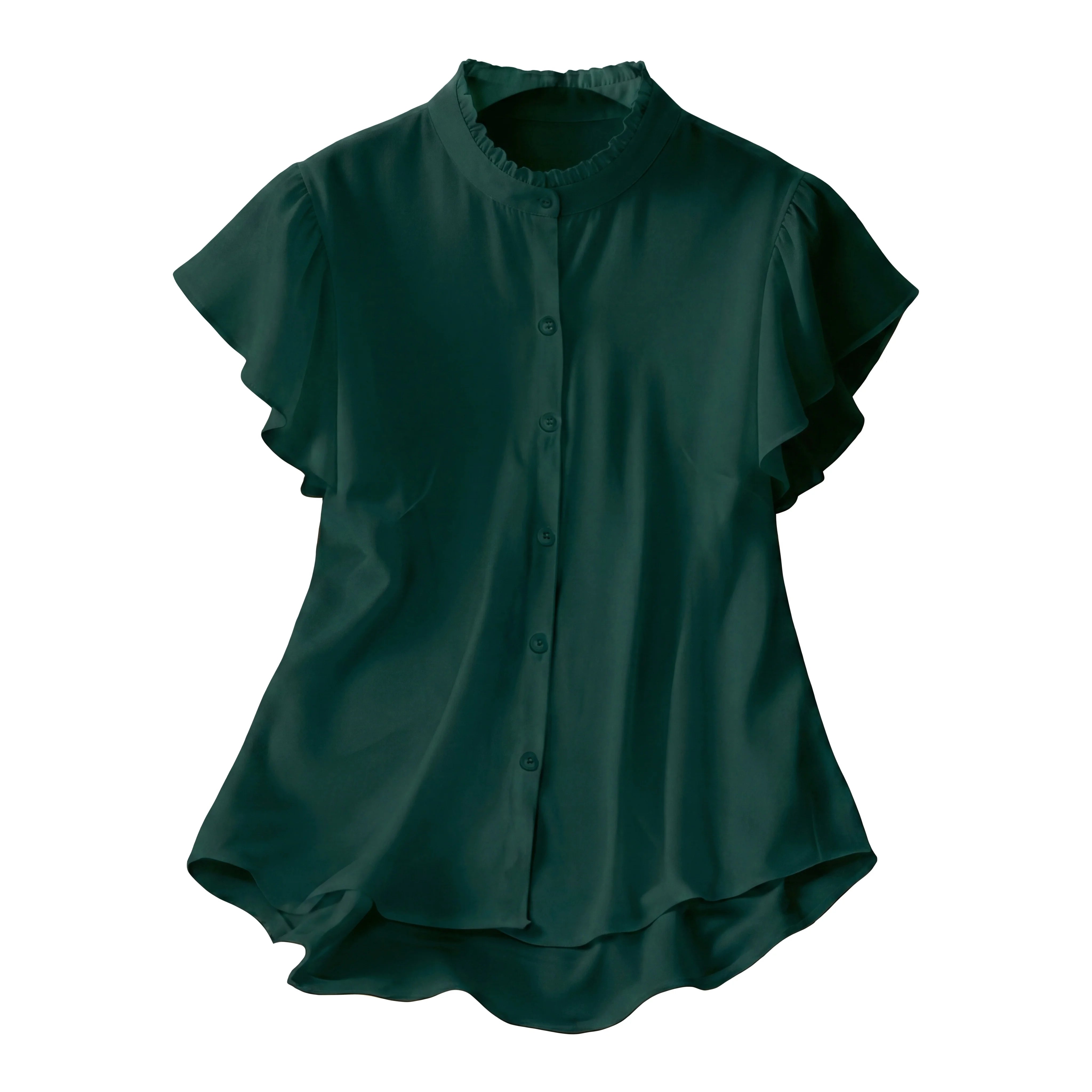 Gadinus Plus Size Women's Flutter Sleeve Blouse Ruffle Collar Button Front Loose Fit Curved Hem Tunic Top