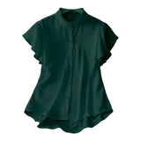 Gadinus Plus Size Women's Flutter Sleeve Blouse Ruffle Collar Button Front Loose Fit Curved Hem Tunic Top
