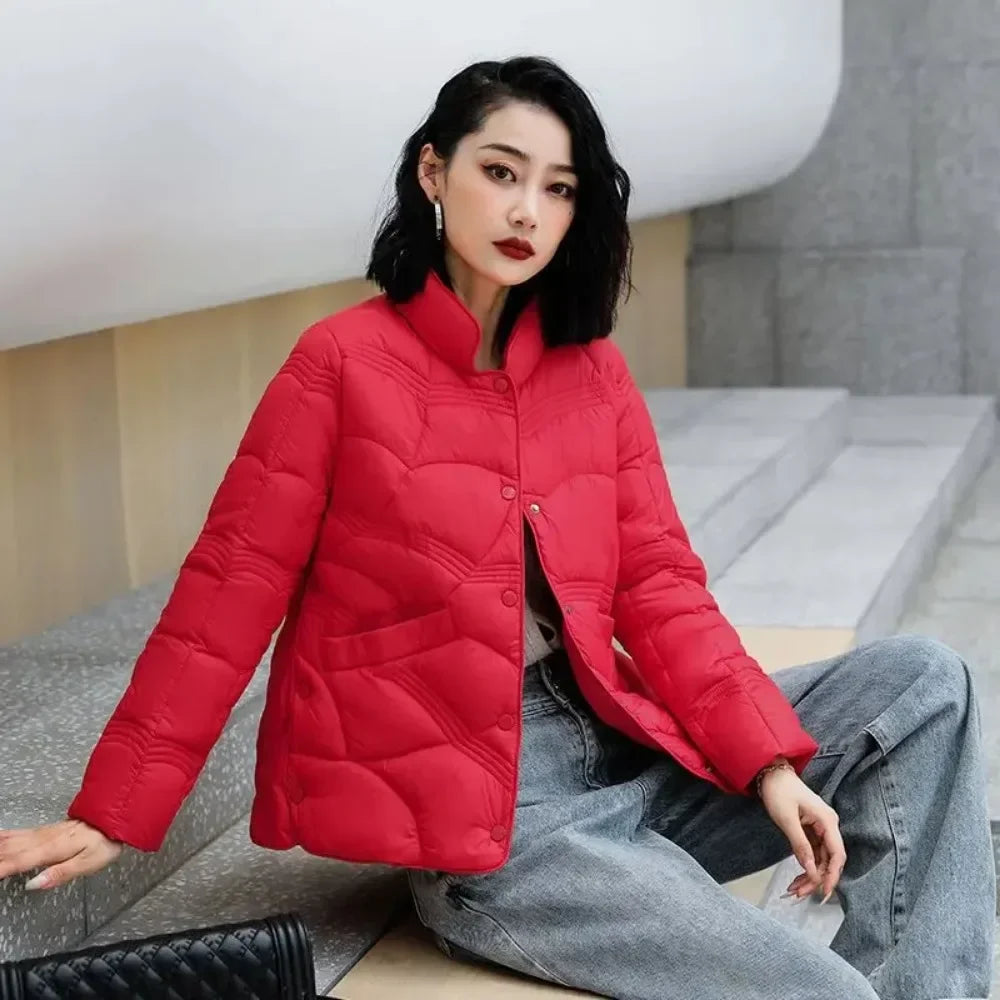 Autumn Winter 2024 New Chinese Korean Female Stand Collar Ultra Lightweight White Duck Down Coat Fashion Outerwear Women Jackets