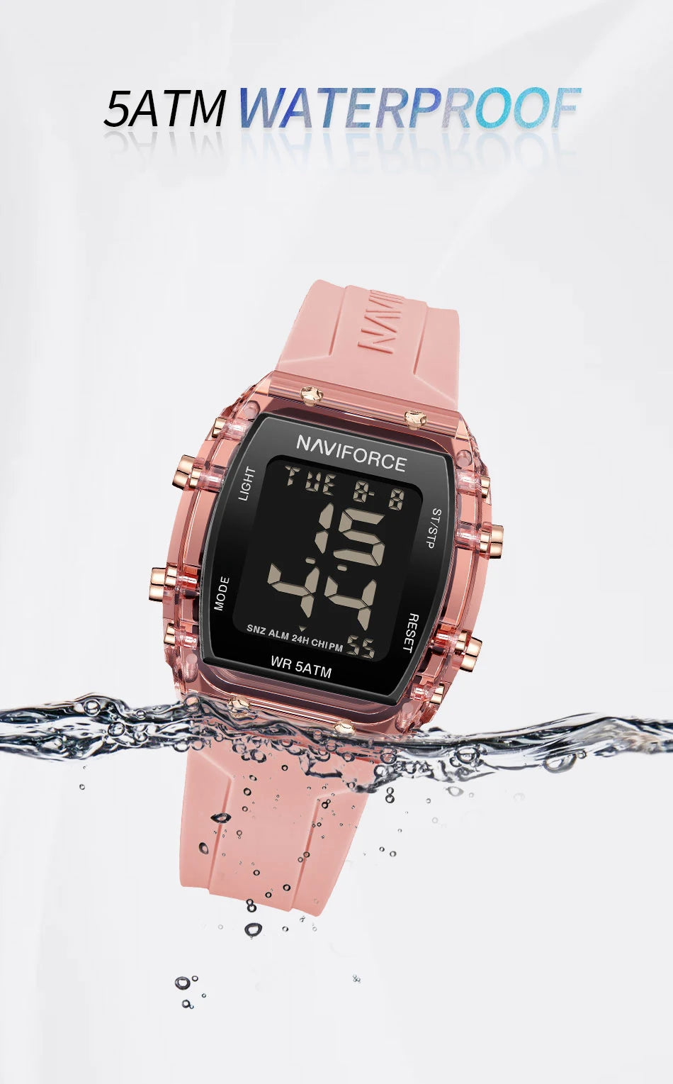 Relojes NAVIFORCE para mujer, con movimiento digital LCD, reloj de moda para mujer, resistente al agua hasta 50 m, correa de silicona, relojes de pulsera deportivos electrónicos.