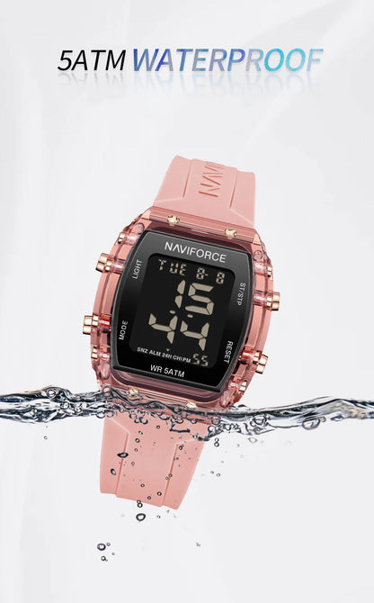 Relojes NAVIFORCE para mujer, con movimiento digital LCD, reloj de moda para mujer, resistente al agua hasta 50 m, correa de silicona, relojes de pulsera deportivos electrónicos.