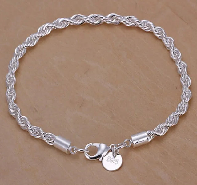 925 Sterling Silver Chain Bracelets for Men Women Braided Rope Male Fashion Jewelry High Quality New 4mm 