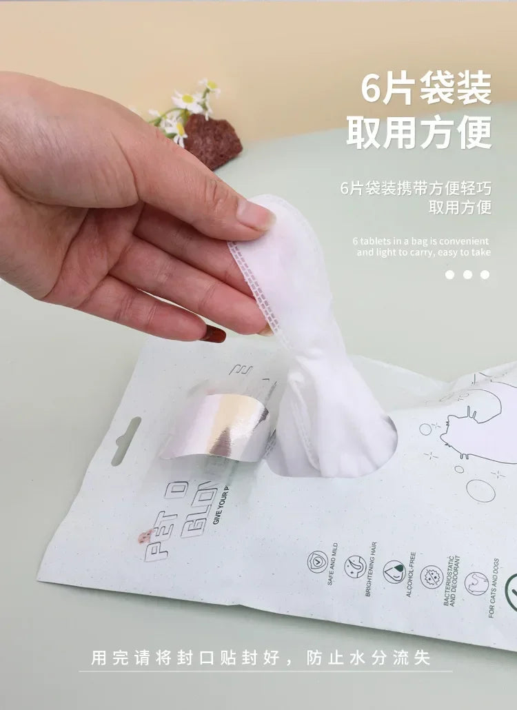 6PCS Cat Dog Disposable Glove Towels Pet Wash Free Glove No Rinse Washing Gloves Towels Deodorizing Dry Cleaning Wet Towels