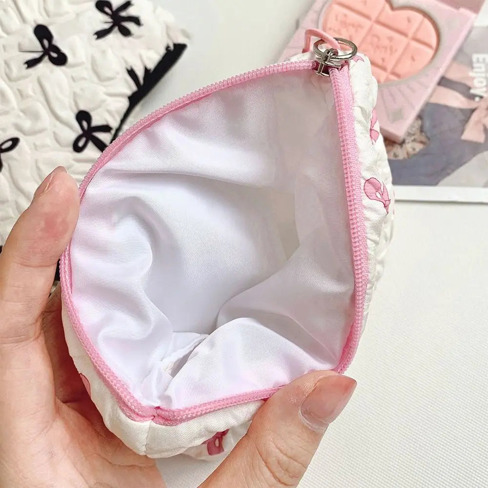 Cotton Makeup Bag for Women Quilted Travel Cosmetic Bag Girls' Make Up Organizer Portable Little Bow Makeup Pouch