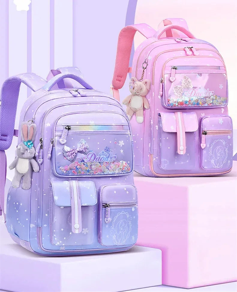 Primary Bow Knot Schoolbag With Rabbit Pendant For Girls Orthopaedics Kids Backpack Kawaii Waterproof School bag