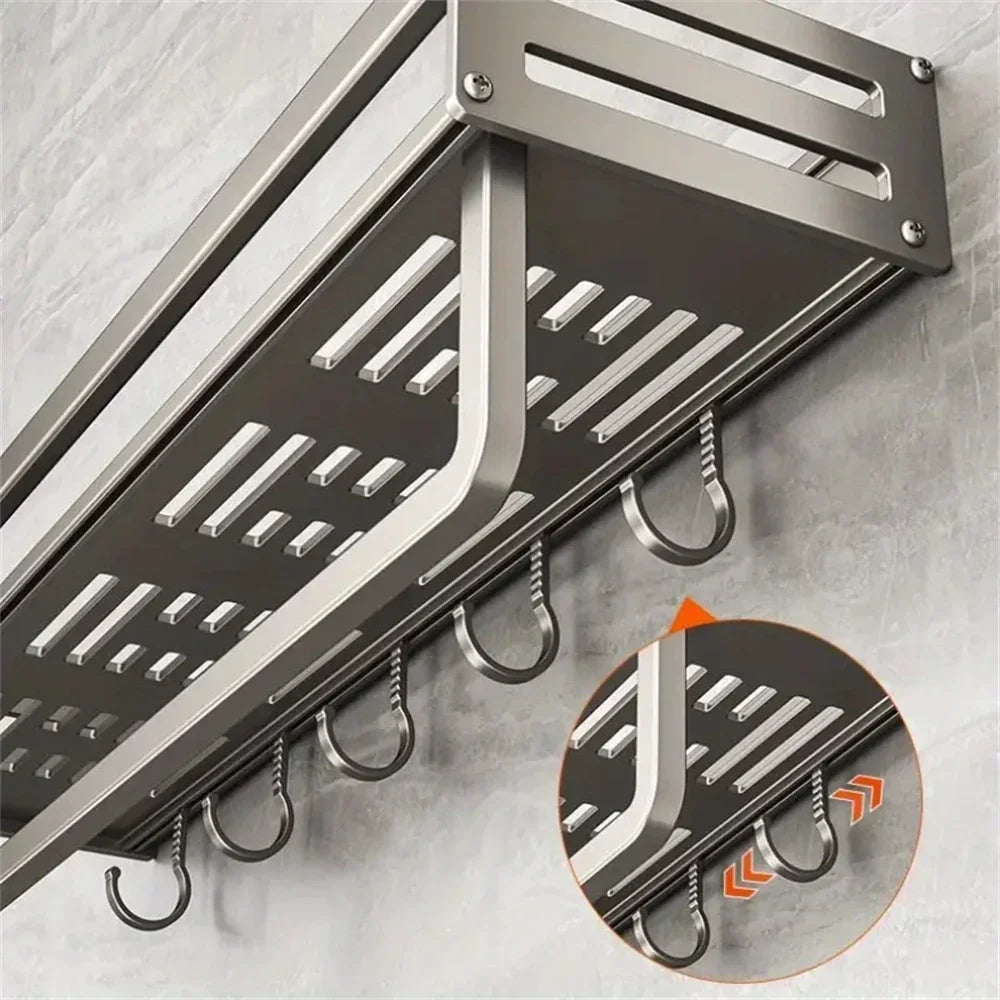 YMOLGA 1/2pcs Aluminum Wall-Mounted Spice Rack Multifunctional Item Shelf Kitchen Tools Hooks Kitchen Condiment Storage Rack