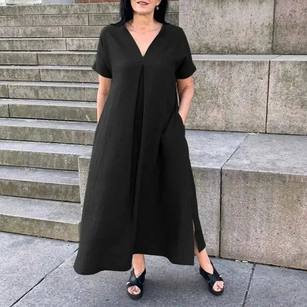 Vestido de manga curta de algodão e cânhamo feminino, decote em v, monocromático, casual, solto, grande, primavera, verão, moda, plus size, L a 5XL
