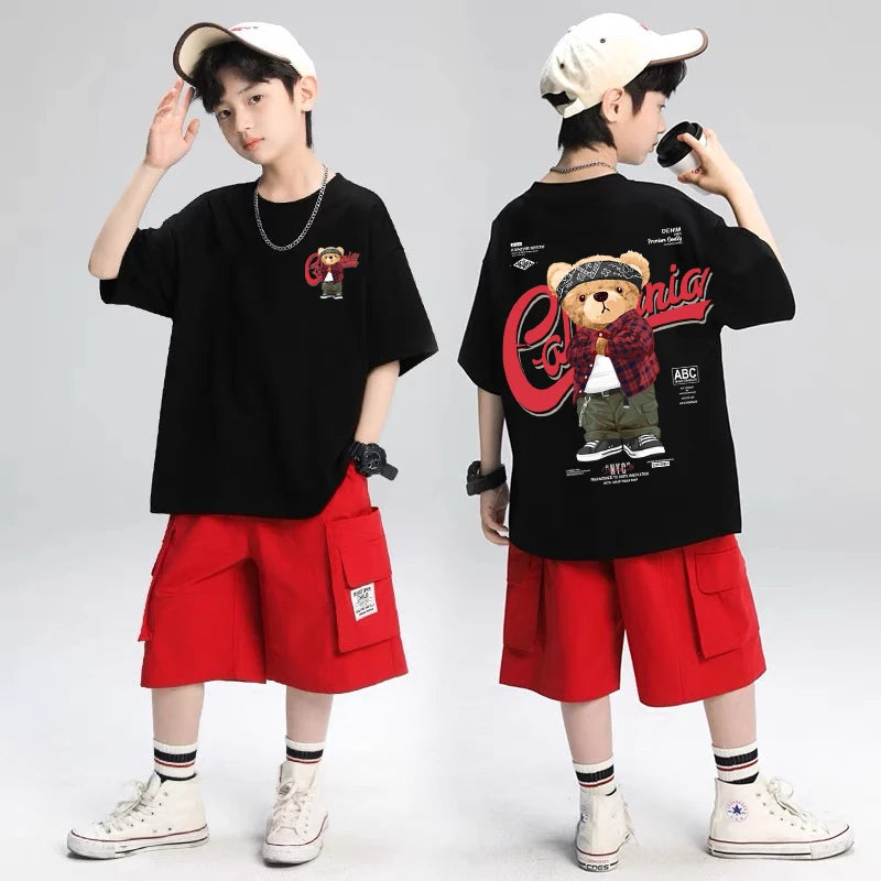 2025 Children's Clothing American Vintage Bear Print Graphic T Shirts Boys Summer Cotton Short-sleeved T-shirt Tops Streetwear