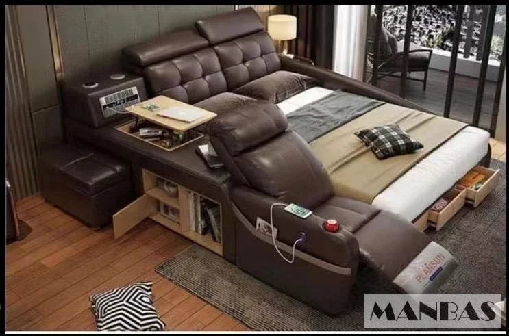 MINGDIBAO Massage Bed with Ultimate Comfort and Genuine Leather Multifunctional Frame - Bluetooth Speaker, Safe Air Cleaner, USB