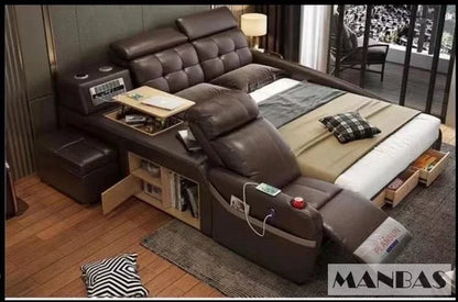 MINGDIBAO Massage Bed with Ultimate Comfort and Genuine Leather Multifunctional Frame - Bluetooth Speaker, Safe Air Cleaner, USB