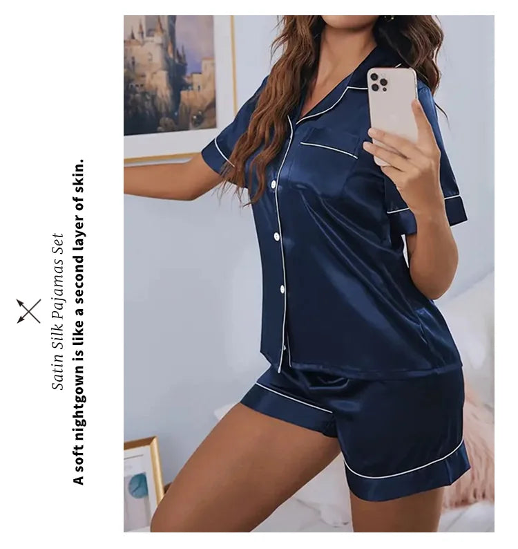 Conjunto de pijama de satén de seda para mujer, conjunto de pijama de dos piezas, ropa de dormir, pijama con botones, pijama de mujer de 2 piezas, conjunto de pantalones cortos para estar en casa
