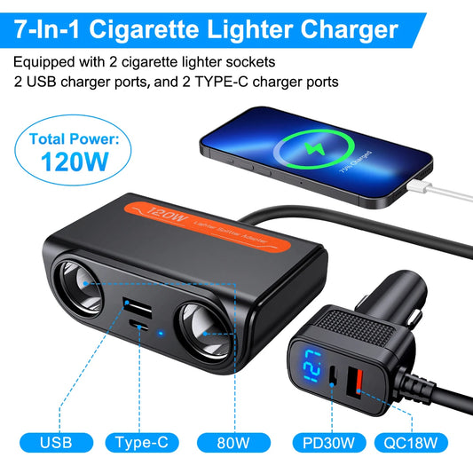 7 in 1 USB Type C Socket 120W Car Cigarette Lighter Splitter 12V 24V Fast Charger Phone Power Adapter for Car DVR GPS Dashcam