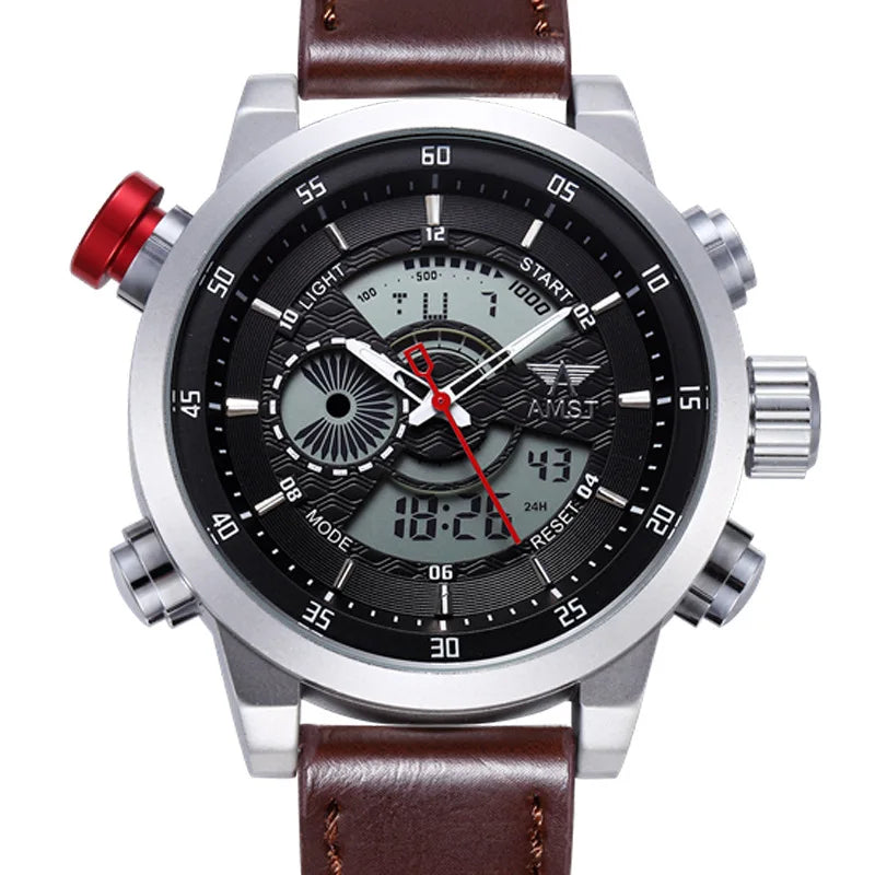 2024 NEW AMST Luxury Brand Men's Quartz LED Watches Men Fashion Casual Sports Clock Genuine Leather Military Wrist Watch